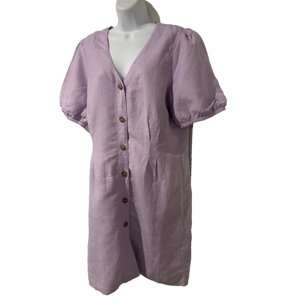 LOFT Lavender Linen Bld. Dress~12~Puff Sleeve Button Down V Neck Coastal‎ Resort